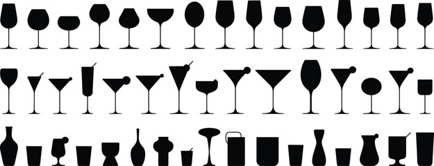 Drinkware silhouettes, beverage icons, wine glass set, cocktail cup graphics, barware collection, hospitality tools, black drinkware, mug and tumbler, stemmed glassware, kitchen visuals