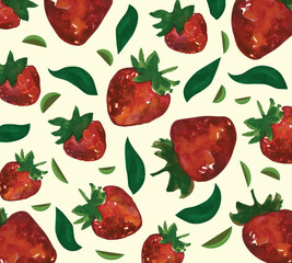 Strawberry seamless pattern hand drawn vector illustration with watercolor splashes, isolated background. Vegetarian eco food product, organic, vegan nutrition. Menu cover design, print. Hello summer.