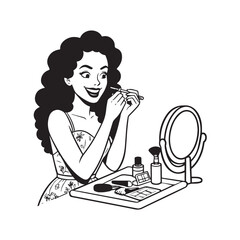 Black and white line art of a beautiful woman doing makeup at dressing table with mirror illustration