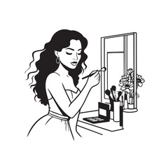 Black and white line art of a beautiful woman doing makeup at dressing table with mirror illustration