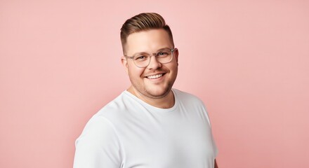 Obraz premium Charming Plus Size Man with Short Hair, Clear Glasses, White Tee, on Minimal Pink