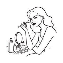 Black and white line art of a beautiful woman doing makeup at dressing table with mirror illustration