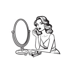 Black and white line art of a beautiful woman doing makeup at dressing table with mirror illustration