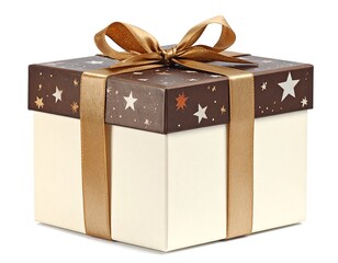 A square gift box, adorned with a gold ribbon and a design of stars, presents a festive and celebratory mood.