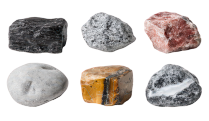 Collection of Six Varied Rocks on Black Background