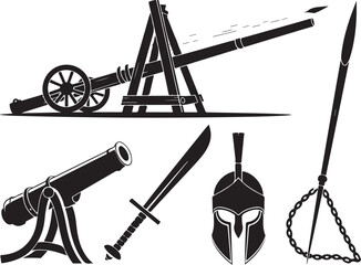 Ancient warfare tools cannon spear helmet sword catapult