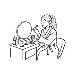 Black and white line art of a beautiful woman doing makeup at dressing table with mirror illustration