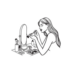 Black and white line art of a beautiful woman doing makeup at dressing table with mirror illustration