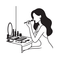 Black and white line art of a beautiful woman doing makeup at dressing table with mirror illustration