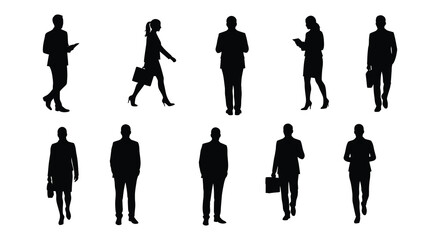 Silhouettes of diverse business people walking and standing in a group