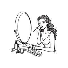 Black and white line art of a beautiful woman doing makeup at dressing table with mirror illustration