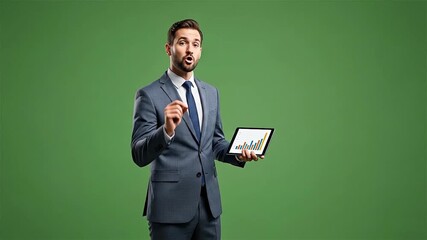 Man in suit presenting data on tablet against green background with hand gesture and confident look eye-catching 4K visuals for editors - Powered by Adobe