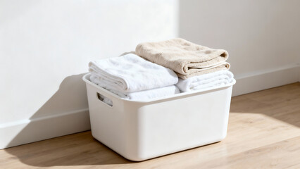 Organizing freshly folded towels home laundry basket clean space interior home chores concept