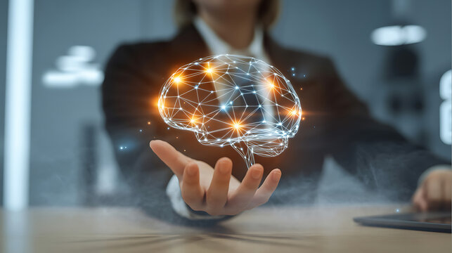 Businesswoman holding a digital neural brain network representing artificial intelligence technology and innovation in modern business strategy