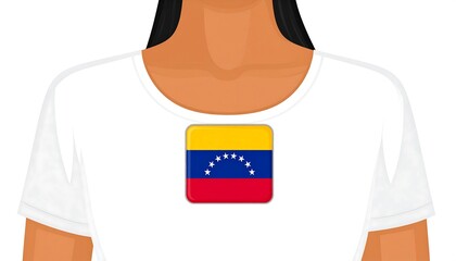 A person wearing a white t-shirt displaying a vibrant depiction of the Venezuelan flag, a national emblem.