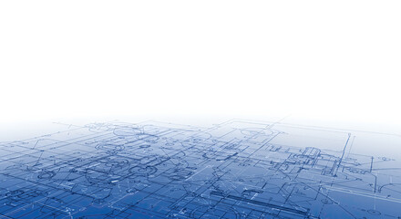 An abstract blue digital network pattern spreading across a vast expanse under a white sky