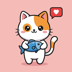 Cute cartoon cat holding a blue fish with a heart speech bubble on a pink background.