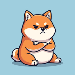 An adorable yet grumpy cartoon Shiba Inu dog sitting with its arms crossed, expressing anger and annoyance on a light blue background.