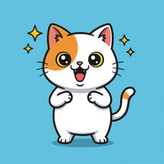 Cartoon cat with orange spot and tail, surrounded by stars, on blue background.