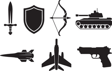 Modern weapons and armor icons for defense and conflict