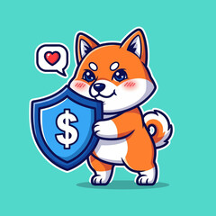 Cute cartoon Shiba Inu dog holding a blue shield with a dollar sign, symbolizing financial protection and security with a loving heart.