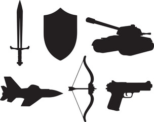 Diverse weaponry silhouettes power protection conflict strategy