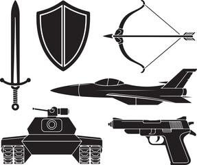 Iconic warfare symbols: sword, jet, tank, gun, bow
