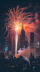Cityscape illuminated by vibrant fireworks at night.