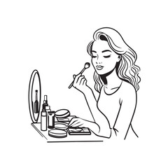 Black and white line art of a beautiful woman doing makeup at dressing table with mirror illustration
