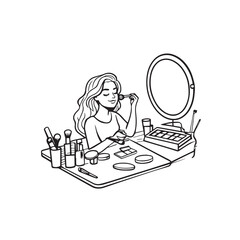 Black and white line art of a beautiful woman doing makeup at dressing table with mirror illustration
