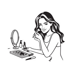 Black and white line art of a beautiful woman doing makeup at dressing table with mirror illustration
