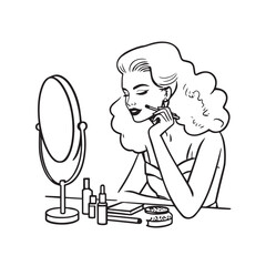 Black and white line art of a beautiful woman doing makeup at dressing table with mirror illustration
