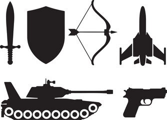 Diverse weaponry icons: sword, shield, bow, jet, tank, gun