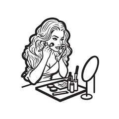 Black and white line art of a beautiful woman doing makeup at dressing table with mirror illustration
