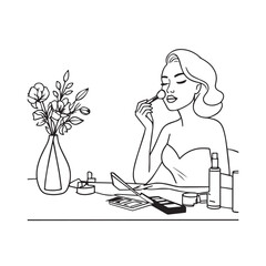 Black and white line art of a beautiful woman doing makeup at dressing table with mirror illustration
