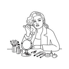 Black and white line art of a beautiful woman doing makeup at dressing table with mirror illustration
