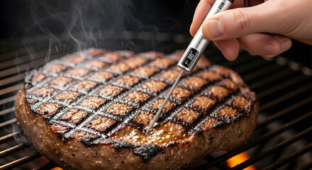 Perfectly Grilled Steak On The Barbecue With A Hand Holding A Precision Thermometer For Accurate Cooking Temperature Measurement