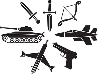 Military and weapon icons represent war and defense