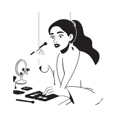 Black and white line art of a beautiful woman doing makeup at dressing table with mirror illustration
