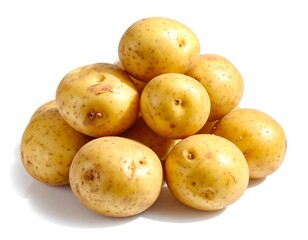 A pile of fresh, yellow potatoes arranged in a pyramid shape against a plain white background.