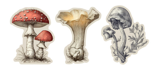 Vintage Botanical Illustrations of Isolated Mushrooms with Unique Colors and Shapes