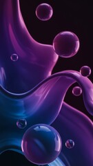 Abstract flowing liquid waves with floating spheres on dark background