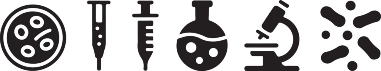 Science icons: petri dish, syringe, flask, microscope, microbes