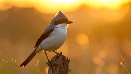 A gray and white bird perches gracefully on a weathered wooden post bathed in the warm golden light of sunrise.