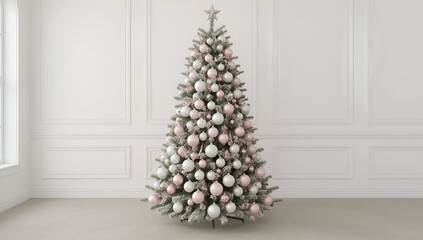 Elegant christmas tree decorated in delicate pink background for a cozy home celebration