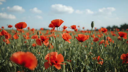 Vibrant red poppies in a lush green field nature scene bright sky background lucid realism