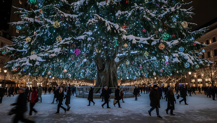 Festive gathering around giant christmas tree city square at night holiday celebration snowy background vibrant viewpoint