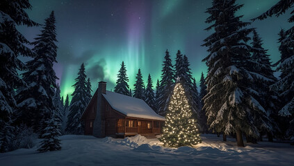 Snowy cabin with smoke rising northern lights background winter wonderland night lucid realism peaceful setting