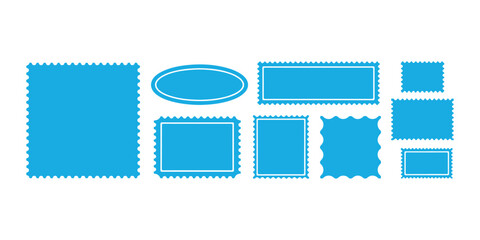 Blank Postage Stamp Vector Set: Decorative Frame Borders in Sky Blue for Design Use