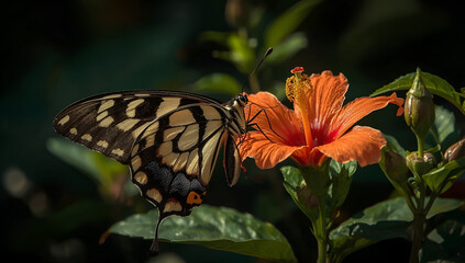Lucid realism zebra longwing butterfly on hibiscus tropical garden macro photography nature background
